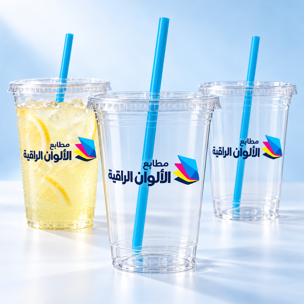 أكواب بلاستيكية شفافة مطبوعة بشعار مطابع الألوان الراقية